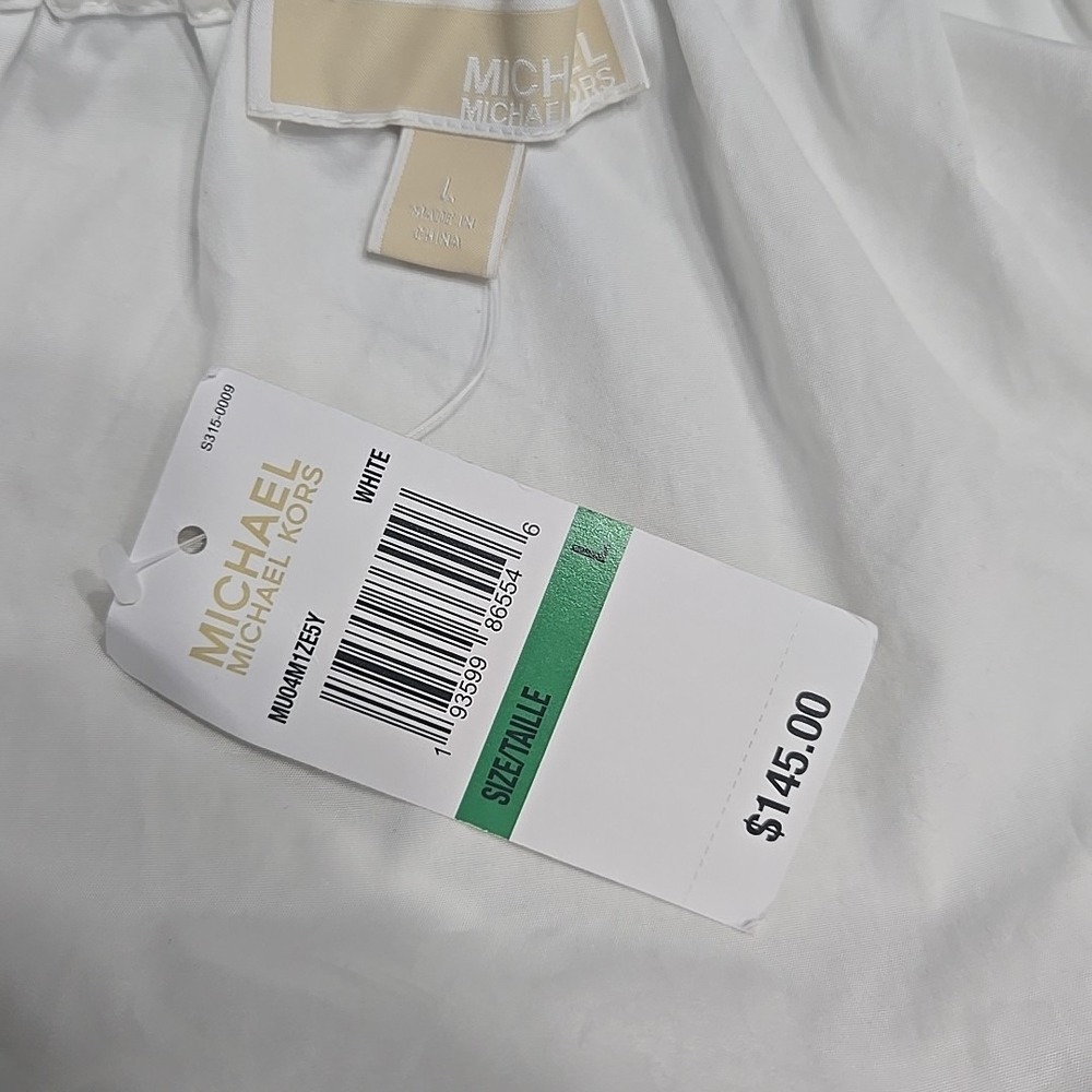 MK Michael Kors White Poplin Cotton‎ Puff Sleeve Wrap Top Large  L New $145 - Picture 9 of 10